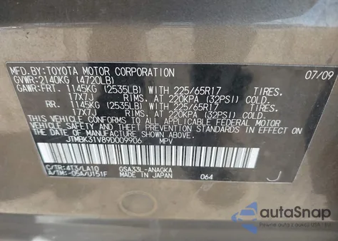 2009 Toyota Rav4 Limited V6 z USA, uszkodzony, nr VIN JTMBK31V89D009906